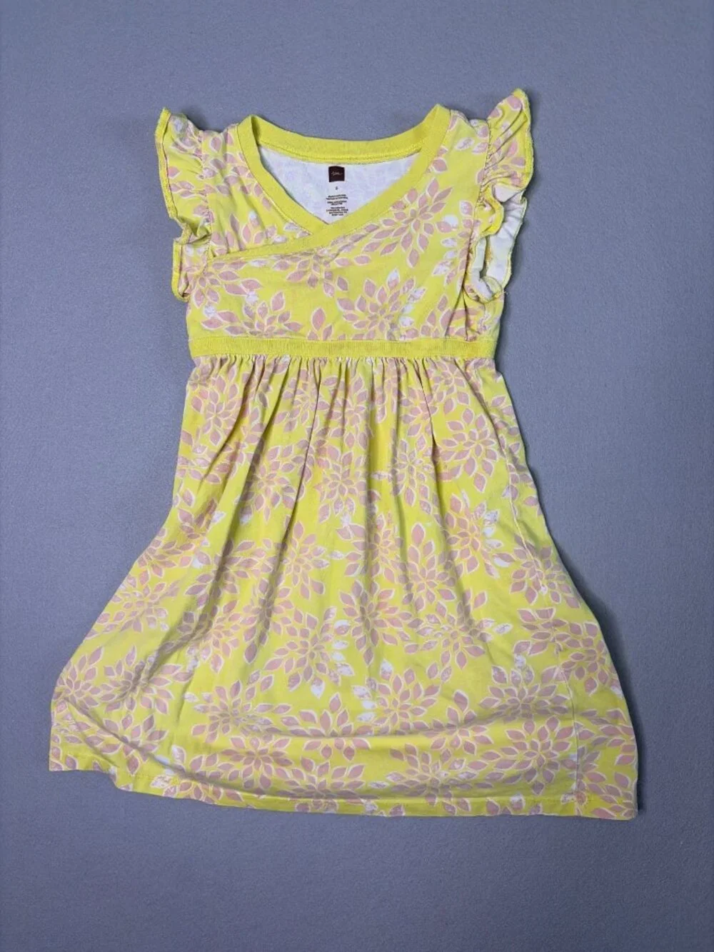 Tea Collection Dress Size 5 Yellow Flutter Sleeve 100% Cotton